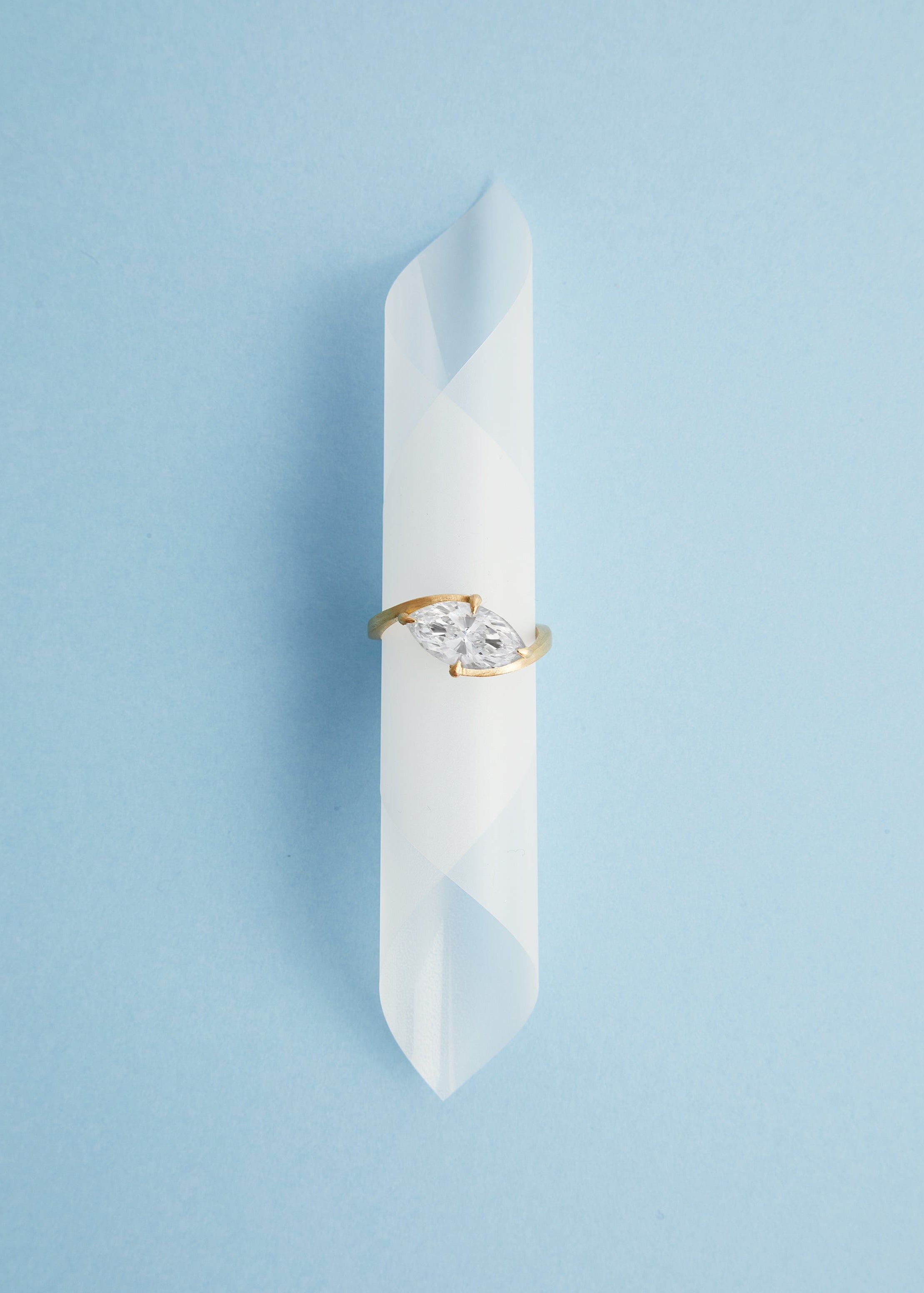 Lab-grown diamond marquise cut close-up, CAMELIA ring by DALINDA